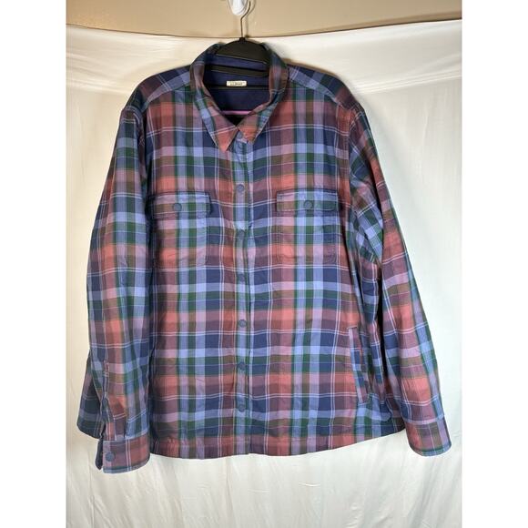 LL Bean Womens 2X Plaid Flannel Fleece Lined Shacket Shirt Snap Button Up Cozy - Picture 1 of 8